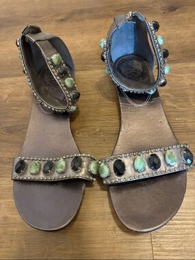 Vince Camuto Brown Leather Sandals with Green & Black Gem Accents